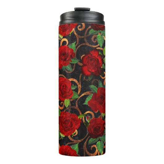 Elegant Classy Damask  Chic Black Red Roses Thermosbeker (Voorkant)