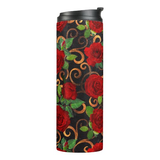 Elegant Classy Damask  Chic Black Red Roses Thermosbeker (Gedraaid links)
