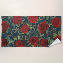 Elegant Classy Damask  Chic Blauwgroen Red Roses Strandlaken