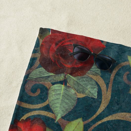 Elegant Classy Damask  Chic Blauwgroen Red Roses Strandlaken (In situ)