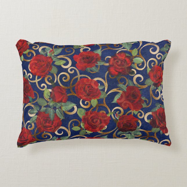 Elegant Classy Damask  Red Rose Blue Accent Kussen (Voorkant)
