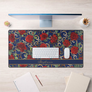 Elegant Classy Damask  Red Rose Blue Bureaumat