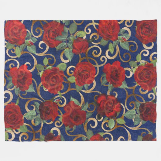 Elegant Classy Damask  Red Rose Blue Fleece Deken (Voorkant (Horizontaal))
