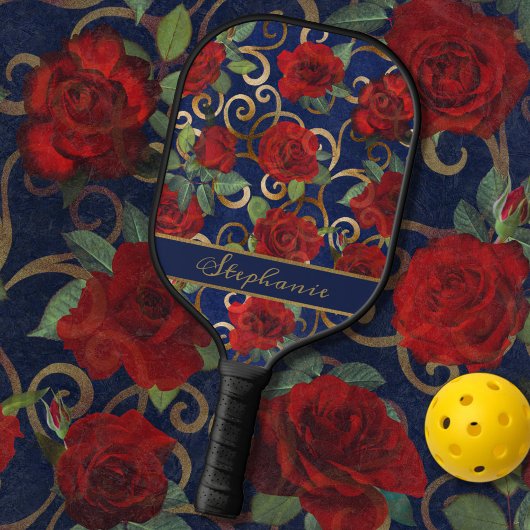 Elegant Classy Damask Red Rose Blue Pickleball Paddle