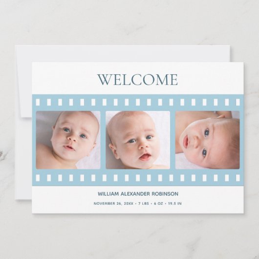 Elegant Classy Filmstrip Baby Boy Foto Blauw geboo Aankondiging (Voorkant)