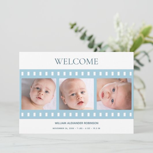 Elegant Classy Filmstrip Baby Boy Foto Blauw geboo Aankondiging (Staand voorkant)