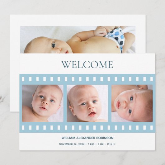 Elegant Classy Filmstrip Baby Boy Foto Blauw geboo Aankondiging (Voorkant / Achterkant)