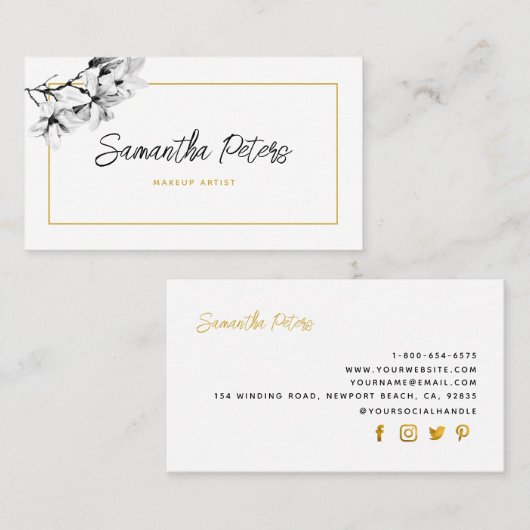 Elegant Classy Floral Black White Magnolia Gold Visitekaartje (Voorkant / Achterkant)