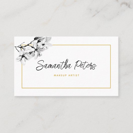 Elegant Classy Floral Black White Magnolia Gold Visitekaartje (Voorkant)