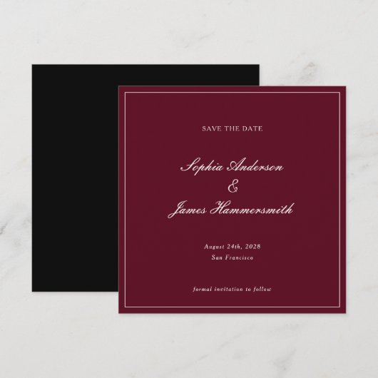 Elegant Classy Formal Burgundy Red Script Wedding  Save The Date (Voorkant / Achterkant)