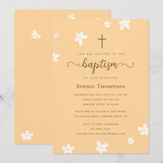 Elegant Classy Gold Cross Floral Religieuze Baptis Kaart (Voorkant / Achterkant)