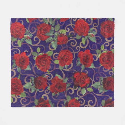 Elegant Classy Gold Damask  Red Rose Paars Fleece Deken (Voorkant (Horizontaal))