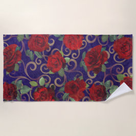 Elegant Classy Gold Damask  Red Rose Paars Strandlaken