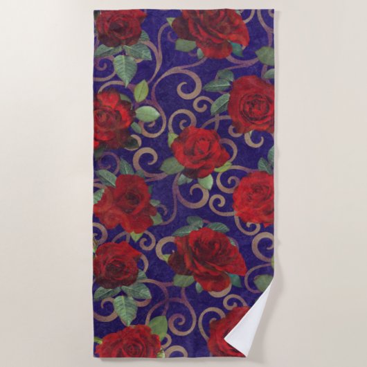 Elegant Classy Gold Damask  Red Rose Paars Strandlaken (Voorkant)