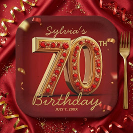 Elegant Classy Gold Red Jewel Style 70th Birthday  Papieren Bordje