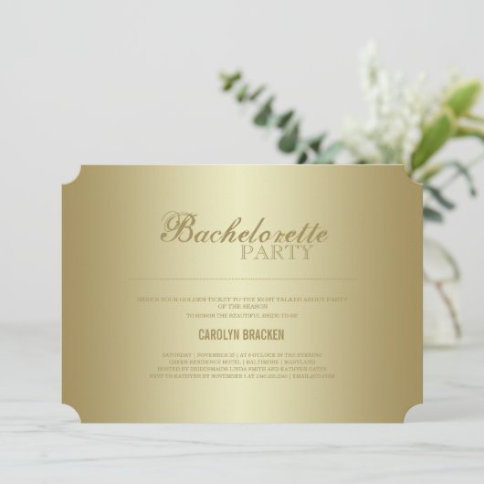 Elegant Classy | Gold Ticket | Bachelorette Invite Kaart (Staand voorkant)