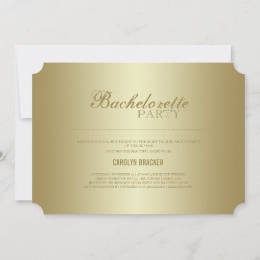Elegant Classy | Gold Ticket | Bachelorette Invite Kaart (Voorkant)