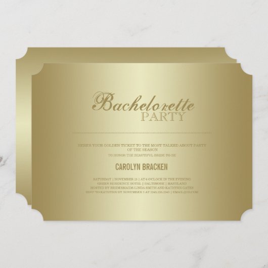 Elegant Classy | Gold Ticket | Bachelorette Invite Kaart (Voorkant / Achterkant)