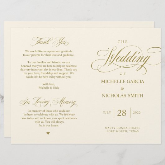 Elegant Classy Gold, vouwbaar huwelijksprogramma (Voorkant / Achterkant)