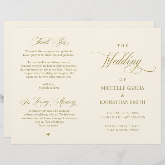 Elegant Classy Gold, vouwbaar huwelijksprogramma (Voorkant / Achterkant)