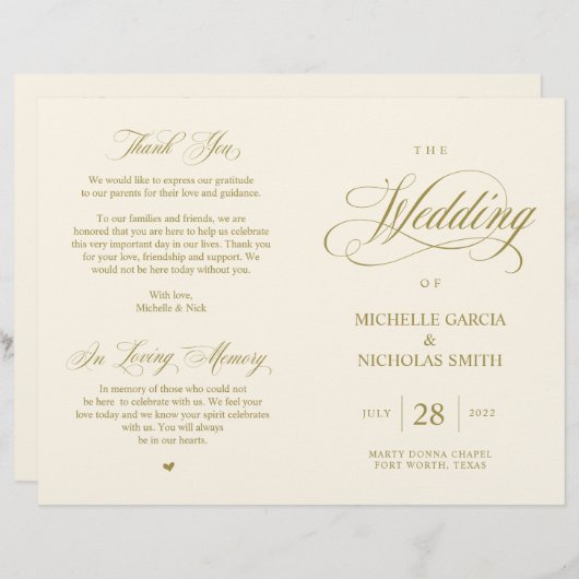 Elegant Classy Gold, vouwbaar huwelijksprogramma (Voorkant / Achterkant)