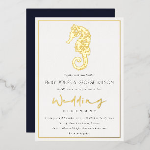 Elegant Classy Gouden Folie Navy Seahorse Bruiloft Folie Uitnodiging