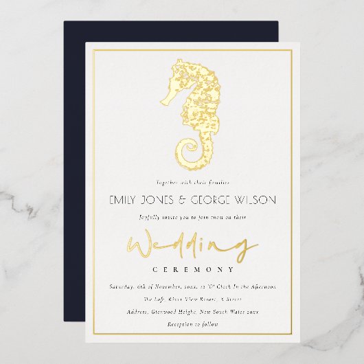 Elegant Classy Gouden Folie Navy Seahorse Bruiloft Folie Uitnodiging (Voorkant / Achterkant)
