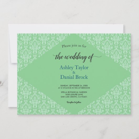 Elegant Classy Green Damask Script Formele bruilof Kaart (Voorkant)