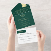 Elegant Classy Green Gold Monogram Modern Weddensc All In One Uitnodiging (Afscheurbaar)