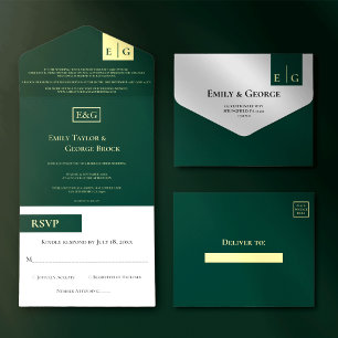Elegant Classy Green Gold Monogram Modern Weddensc All In One Uitnodiging