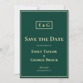 Elegant Classy Green Gold Monogram Modern Weddensc Save The Date (Voorkant)