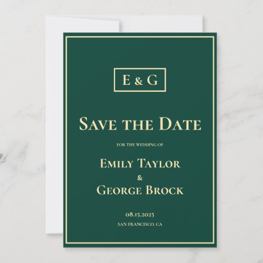 Elegant Classy Green Gold Monogram Modern Weddensc Save The Date (Voorkant)