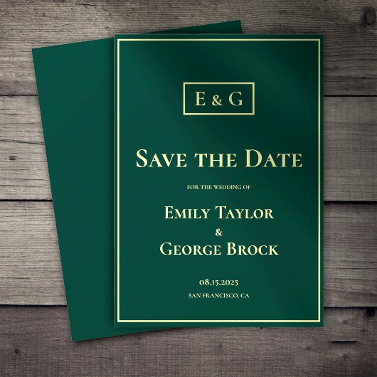 Elegant Classy Green Gold Monogram Modern Weddensc Save The Date