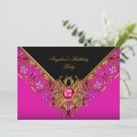 Elegant Classy Hot roze Black Gold Birthday Party Kaart (Staand voorkant)
