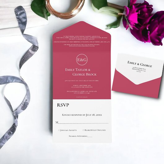 Elegant Classy Magenta Monogram Modern Wedding All In One Uitnodiging
