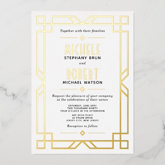 Elegant Classy Modern Art Deco Wedding Gold Folie Uitnodiging (Voorkant)