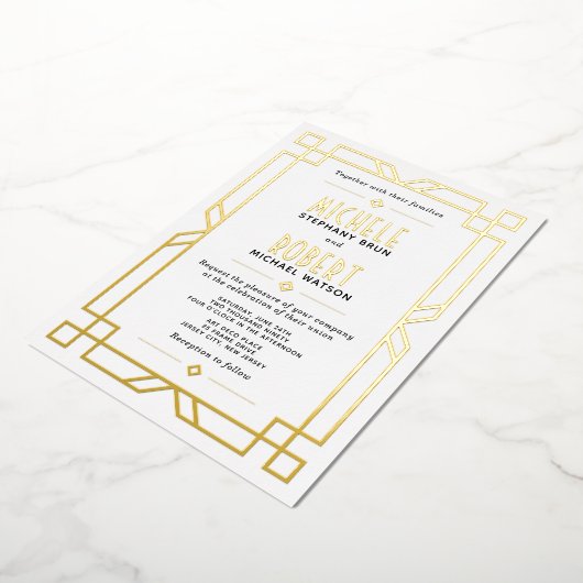 Elegant Classy Modern Art Deco Wedding Gold Folie Uitnodiging (Gedraaid)