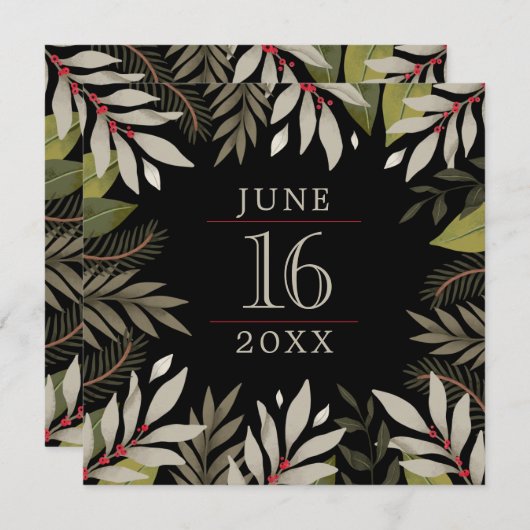 Elegant Classy Muted Botanical op zwart Save The Date (Voorkant / Achterkant)