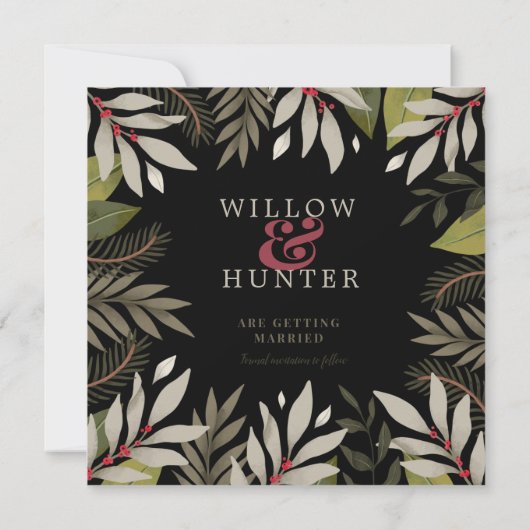 Elegant Classy Muted Botanical op zwart Save The Date (Achterkant)