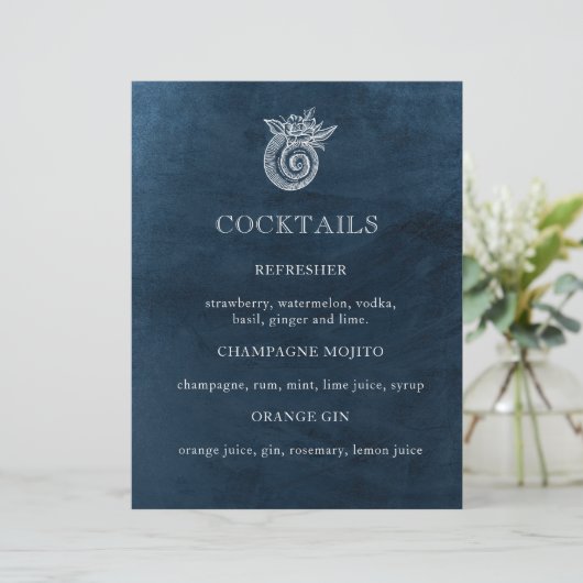 Elegant Classy Navy Beach Wedding Cocktail Menu (Staand voorkant)