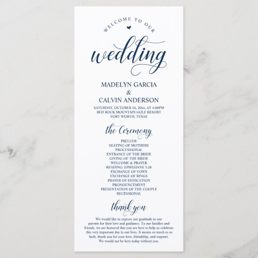 Elegant Classy Navy Blue, bruiloft ceremonie Programmakaart (Voorkant)