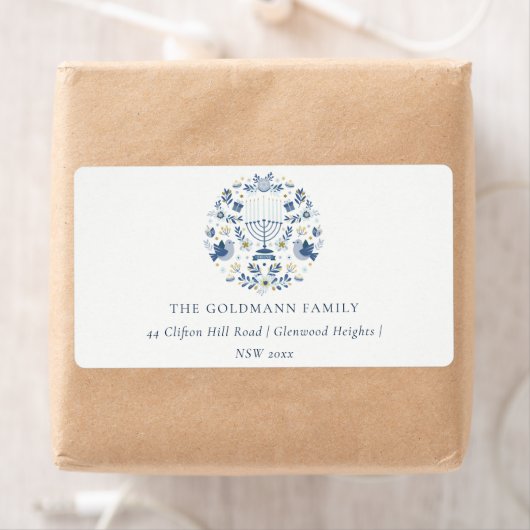 Elegant Classy Navy Blue Hanukkah Floral Address Etiket (Insitu)