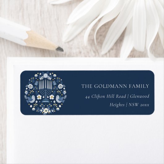 Elegant Classy Navy Blue Hanukkah Floral Address Etiket (Insitu)
