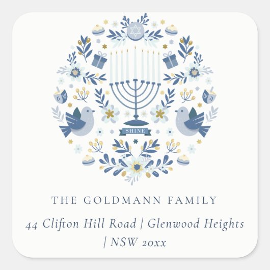Elegant Classy Navy Blue Hanukkah Floral Address Vierkante Sticker (Voorkant)