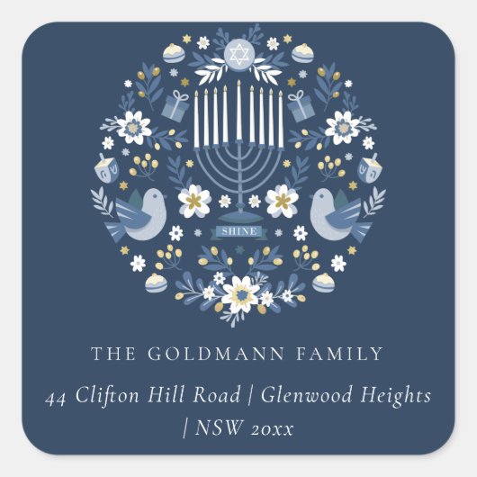 Elegant Classy Navy Blue Hanukkah Floral Address Vierkante Sticker (Voorkant)