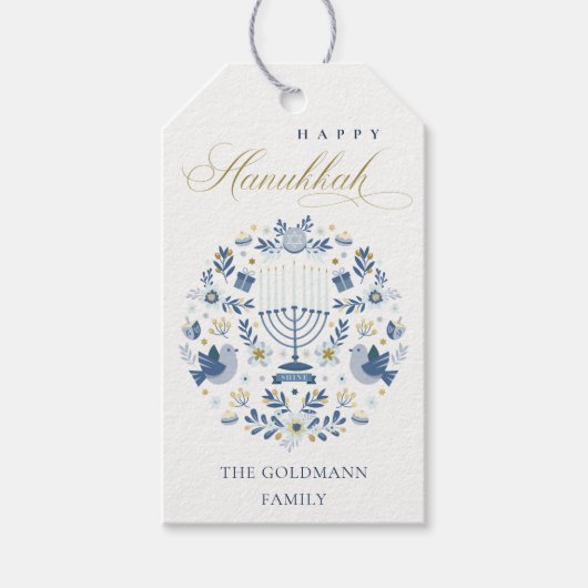Elegant Classy Navy Blue Happy Hanukkah Floral Cadeaulabel (Voorkant)