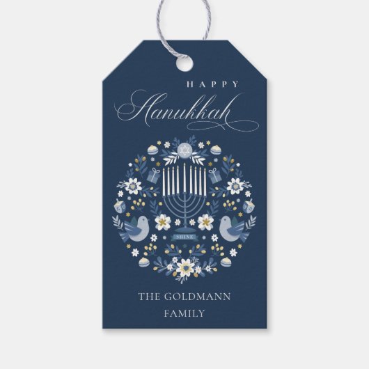 Elegant Classy Navy Blue Happy Hanukkah Floral Cadeaulabel (Voorkant)