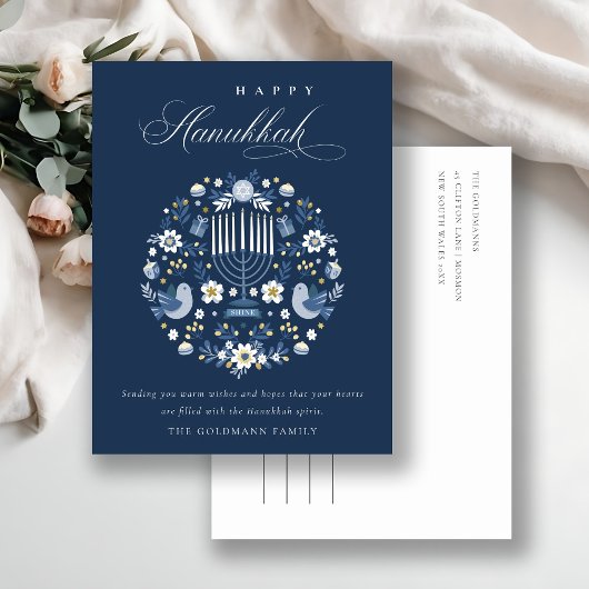 Elegant Classy Navy Blue Happy Hanukkah Floral Feestdagenkaart