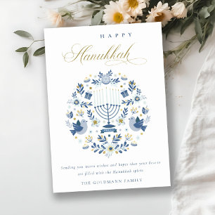 Elegant Classy Navy Blue Happy Hanukkah Floral Feestdagenkaart