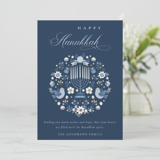 Elegant Classy Navy Blue Happy Hanukkah Floral Feestdagenkaart (Staand voorkant)